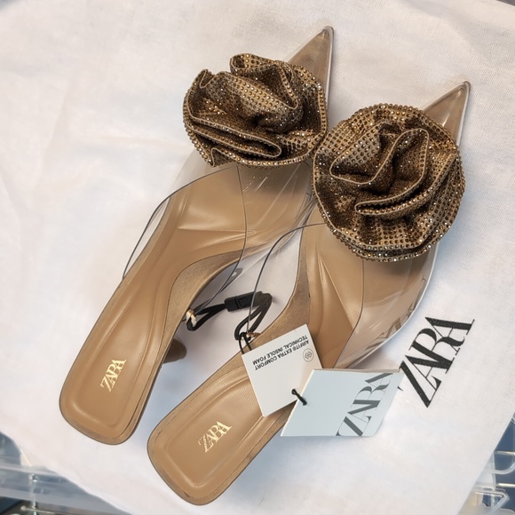 GUC - Zara woman flower vinyl heels size 38 7.5 Brown Gold - Picture 4 of 6